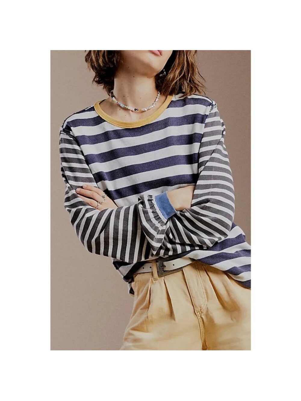 We The Free Navy & Gray Striped Long-Sleeve Tee with Yellow Neckline
